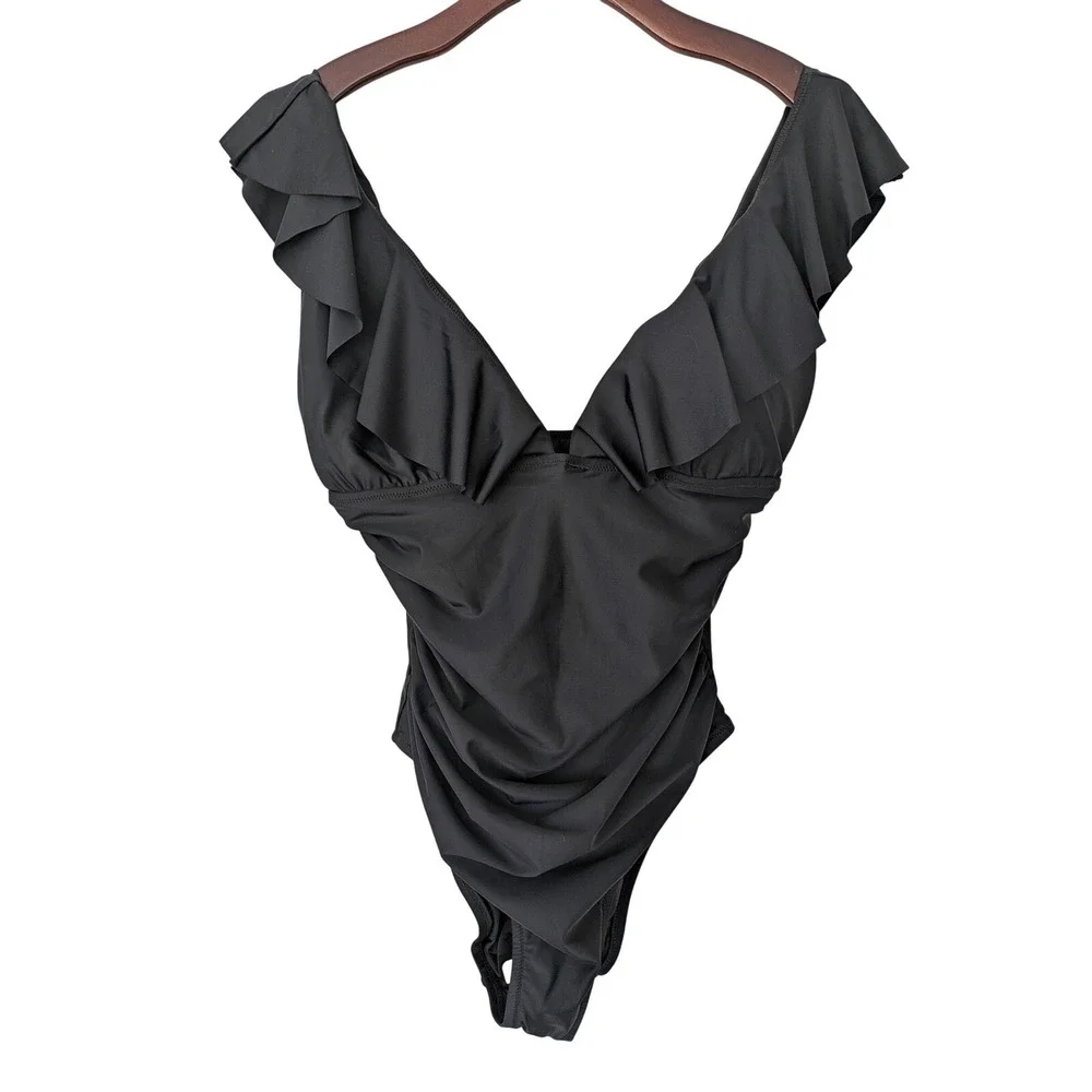 J. Crew Ruched Ruffle One-Piece Swimsuit Size 12 Black NWT $118‎ BP222